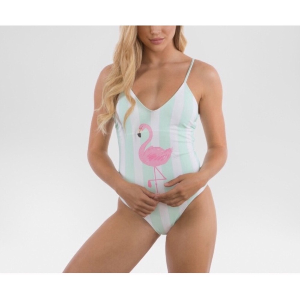 Sugar Coast by Lollis Swim Flamingo Striped One Piece Swimsuit Women Size‎ Small